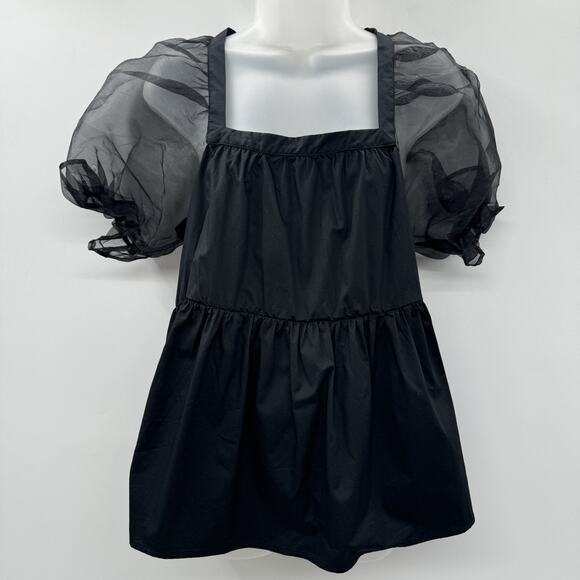 Pomander Place by Tuckernuck Tinsley Top Sz S Black Sheer Puff Sleeves Cocktail - Picture 1 of 10